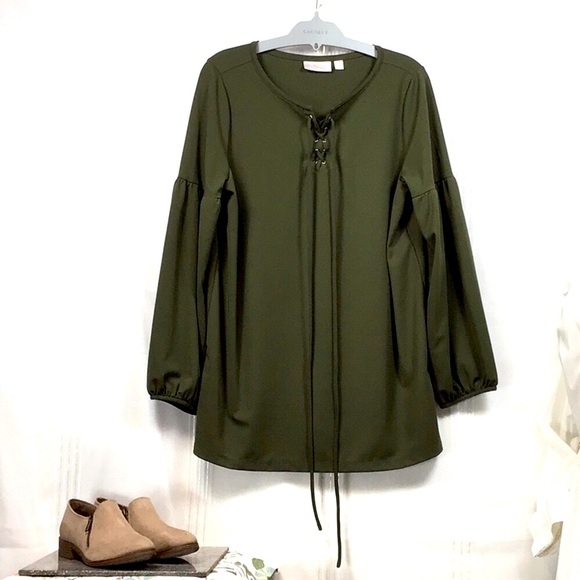 ⚜️ BELLE by Kim Gravel Green Knit Peasant Grommet Tie Long Sleeve Popover Tunic - Picture 7 of 7